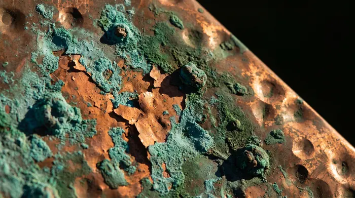 Macro of a copper panel turning from warm orange to green patina