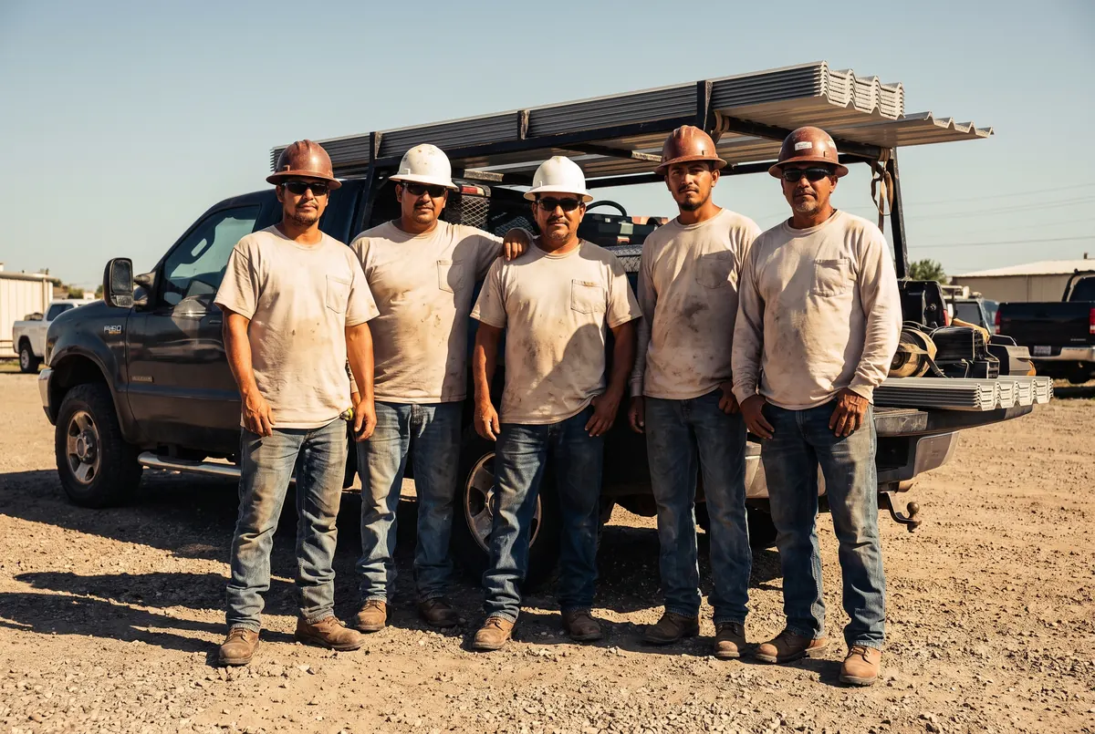 A five person roofing crew standing in front of a work truck in hard sun