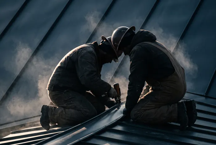 Two roofers seaming a dark standing-seam metal panel in low backlight