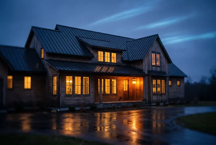 A family home at dusk with warm windows and a dark metal roof