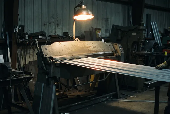A metal brake bending a roofing panel under a single work light