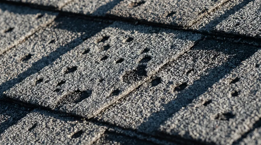 Raking light across weathered asphalt shingles, showing hail bruises as small craters