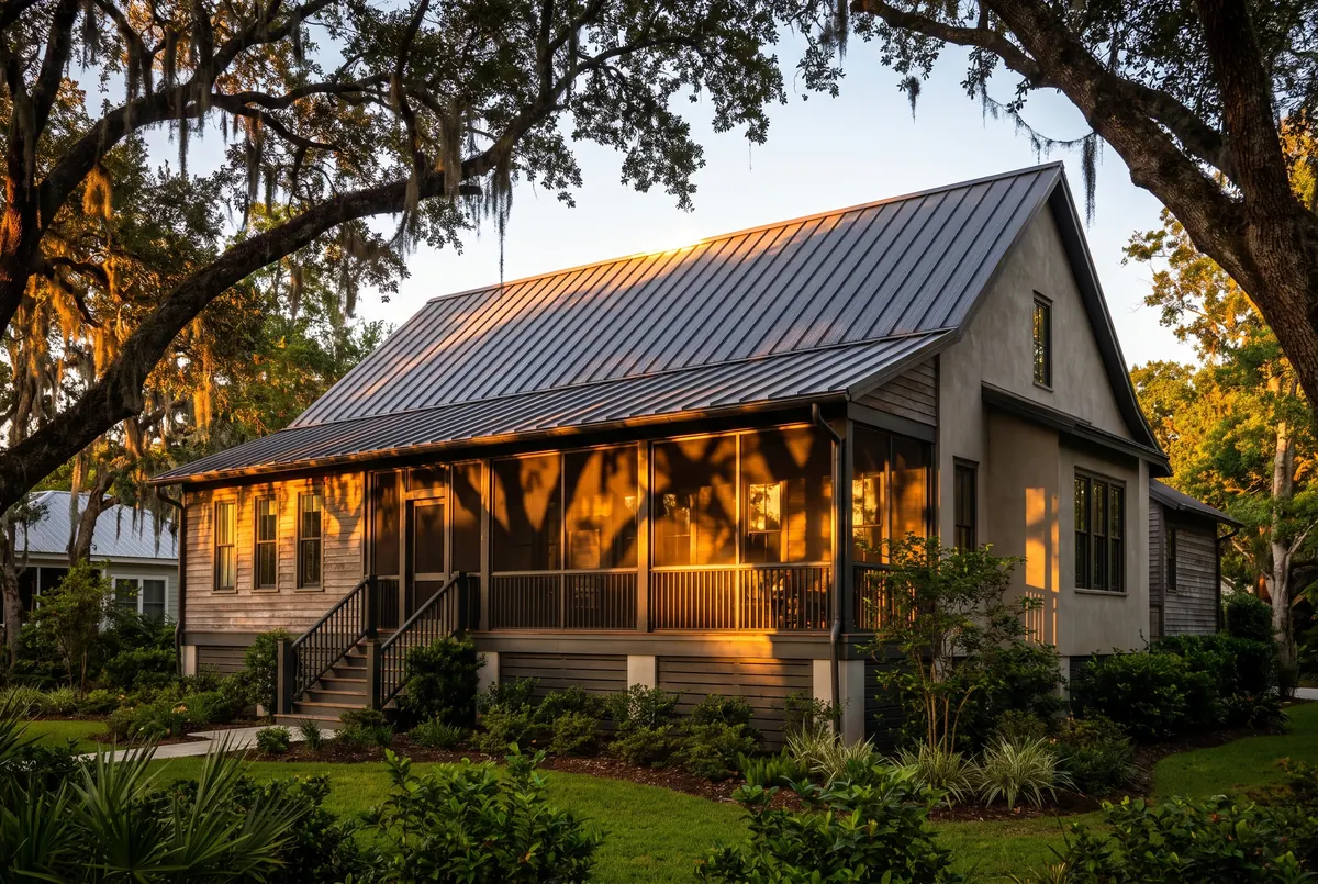 A raised Louisiana house with a dark standing-seam metal roof under low evening sun