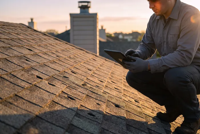 A roof inspector with a tablet crouching on shingles in low morning light
